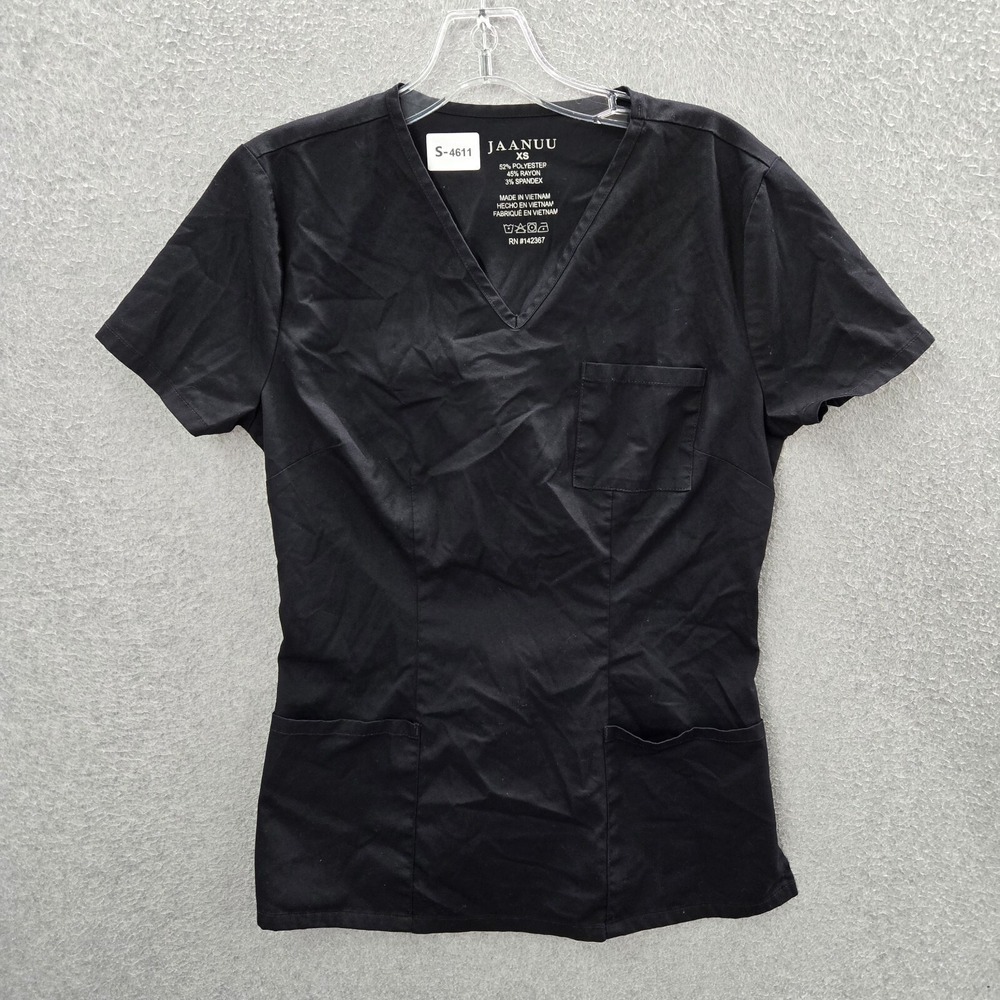 Jaanuu Women Scrub Top XS Black‎ Short Sleeve V Neck Pullover Pockets